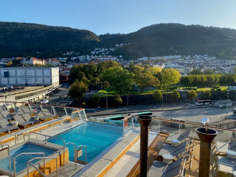 view from deck on cruise ship in norway.